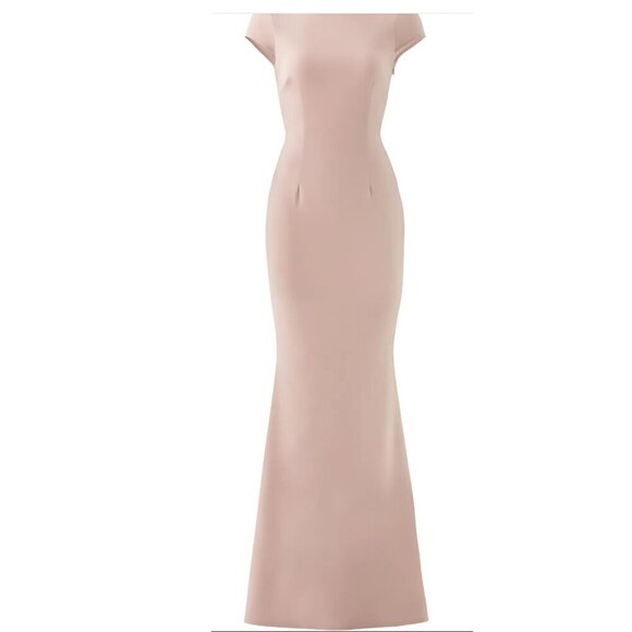 Katie May Blush Pink Boat Neck Low back Bow Full Length Designer Formal Gown - Picture 1 of 15